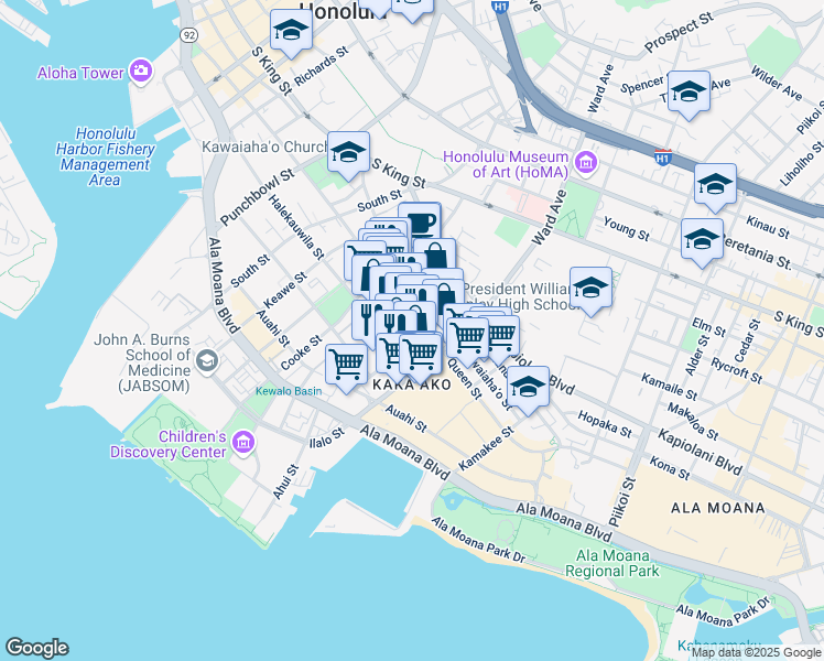 map of restaurants, bars, coffee shops, grocery stores, and more near 871 Queen Street in Honolulu