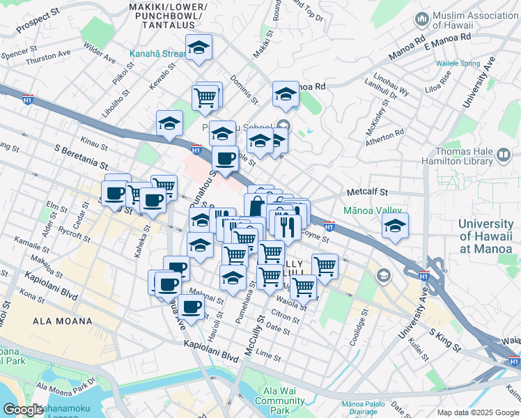 map of restaurants, bars, coffee shops, grocery stores, and more near 1231 Alexander Street in Honolulu
