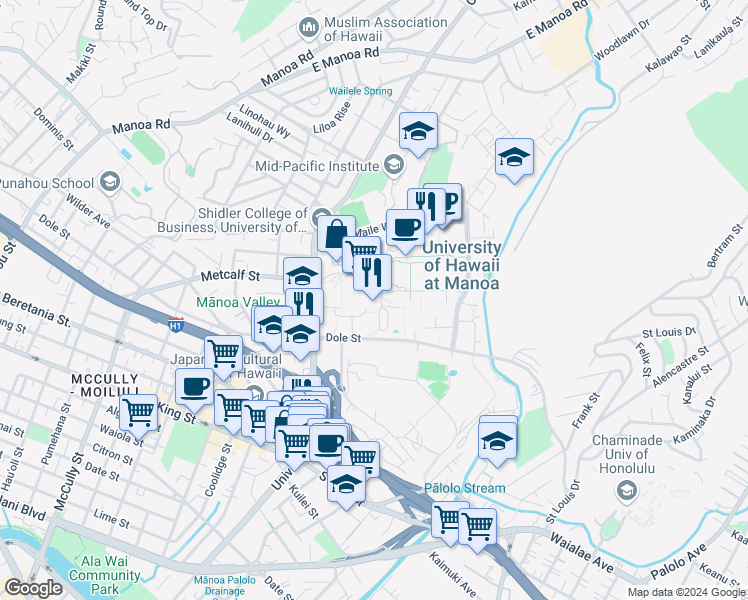 map of restaurants, bars, coffee shops, grocery stores, and more near 2465 Campus Road in Honolulu