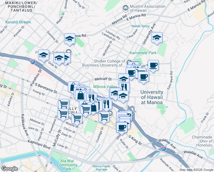 map of restaurants, bars, coffee shops, grocery stores, and more near 2238 Ho'onanea Street in Honolulu