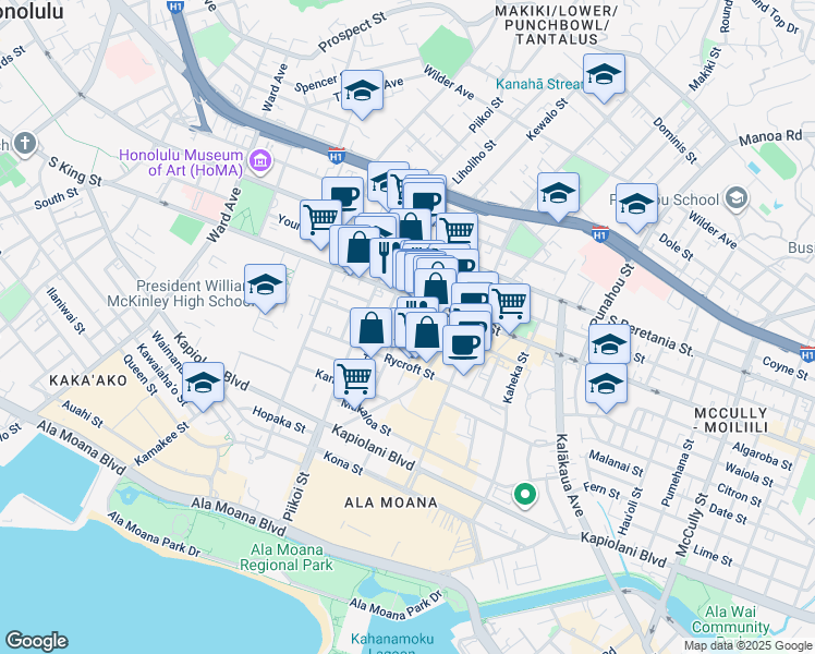 map of restaurants, bars, coffee shops, grocery stores, and more near 1236 Elm Street in Honolulu