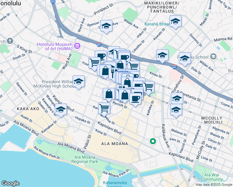 map of restaurants, bars, coffee shops, grocery stores, and more near 1236 Elm Street in Honolulu