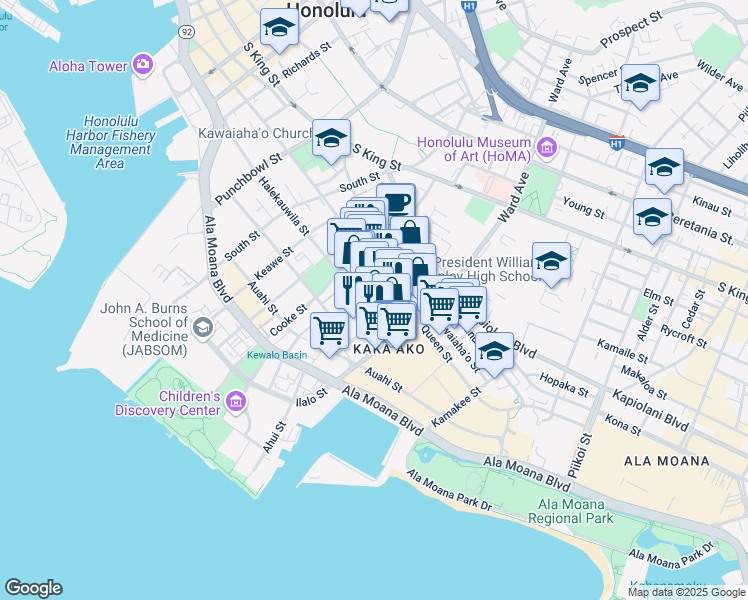 map of restaurants, bars, coffee shops, grocery stores, and more near 871 Queen Street in Honolulu