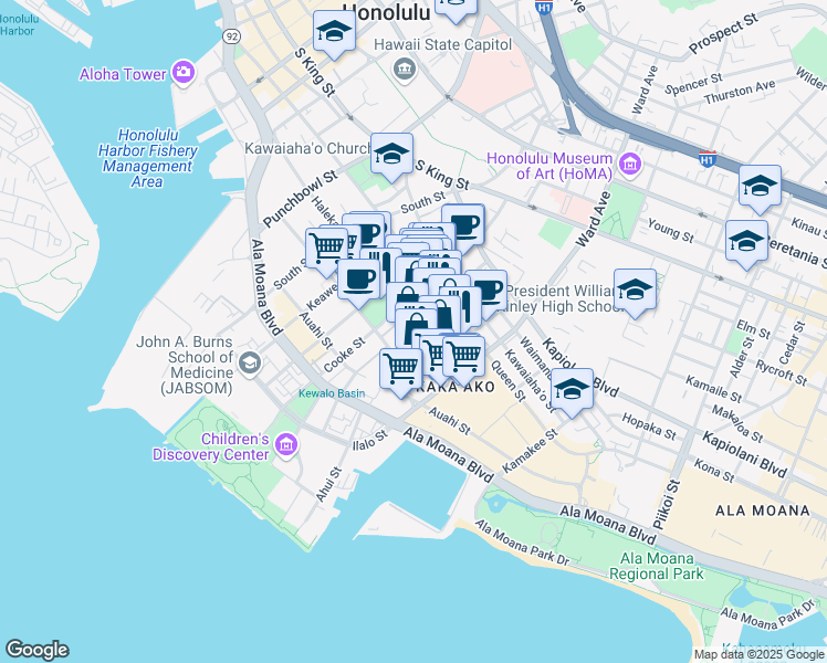 map of restaurants, bars, coffee shops, grocery stores, and more near 801 Halekauwila Street in Honolulu