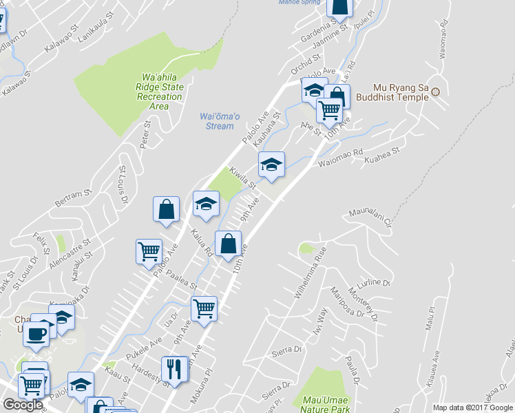 map of restaurants, bars, coffee shops, grocery stores, and more near 2051 9th Avenue in Honolulu