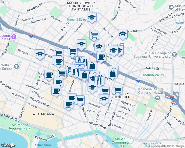 map of restaurants, bars, coffee shops, grocery stores, and more near 1617 South Beretania Street in Honolulu