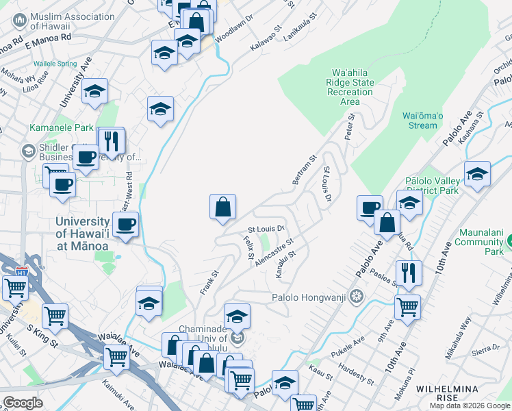 map of restaurants, bars, coffee shops, grocery stores, and more near 1619 Bertram Street in Honolulu