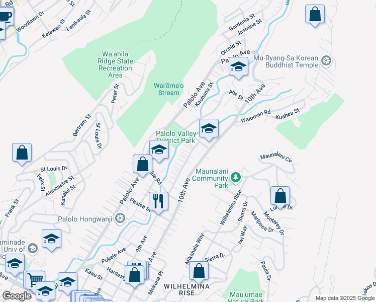map of restaurants, bars, coffee shops, grocery stores, and more near 2051 9th Avenue in Honolulu