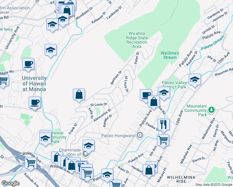 map of restaurants, bars, coffee shops, grocery stores, and more near 2059 Saint Louis Drive in Honolulu
