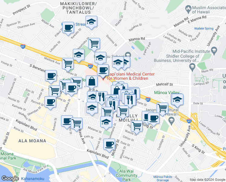 map of restaurants, bars, coffee shops, grocery stores, and more near 1231 Alexander Street in Honolulu