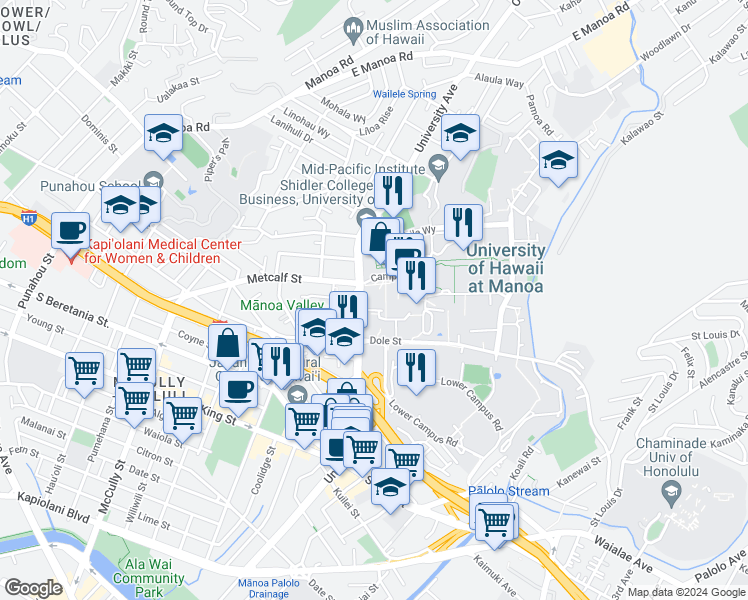 map of restaurants, bars, coffee shops, grocery stores, and more near 2425 Campus Road in Honolulu