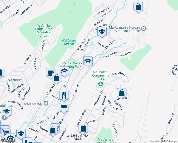 map of restaurants, bars, coffee shops, grocery stores, and more near 2077 10th Avenue in Honolulu