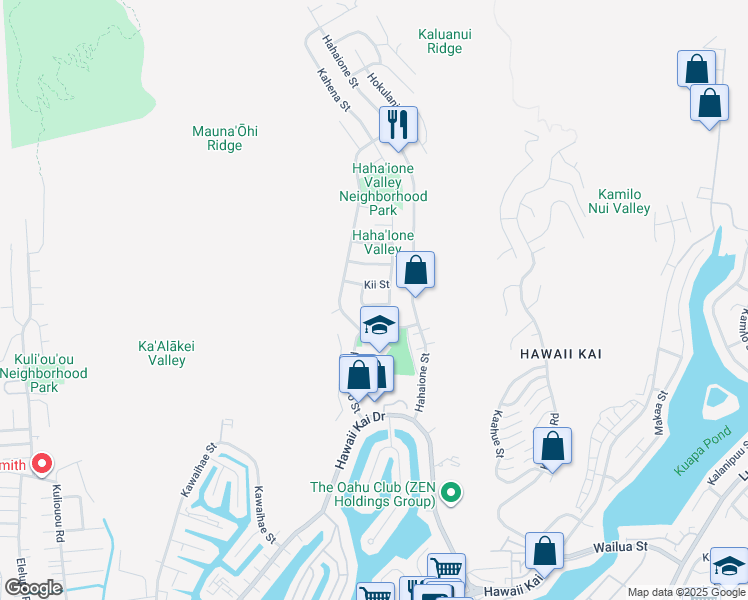 map of restaurants, bars, coffee shops, grocery stores, and more near 750 Kapulena Loop in Honolulu
