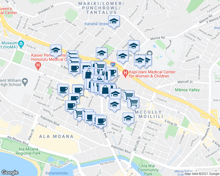 map of restaurants, bars, coffee shops, grocery stores, and more near 1575 South Beretania Street in Honolulu