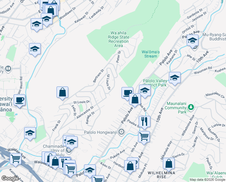 map of restaurants, bars, coffee shops, grocery stores, and more near 2217 Noah Street in Honolulu