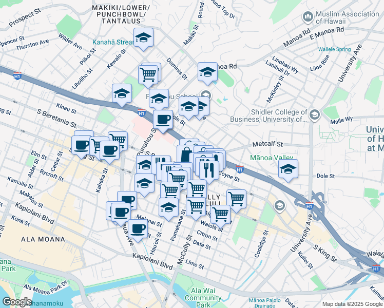 map of restaurants, bars, coffee shops, grocery stores, and more near 1231 Alexander Street in Honolulu