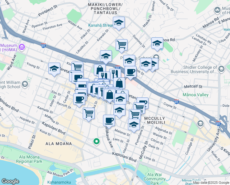 map of restaurants, bars, coffee shops, grocery stores, and more near in Honolulu
