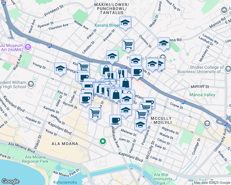 map of restaurants, bars, coffee shops, grocery stores, and more near in Honolulu
