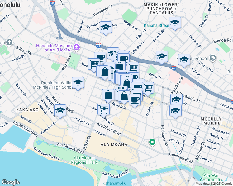 map of restaurants, bars, coffee shops, grocery stores, and more near 1236 Elm Street in Honolulu