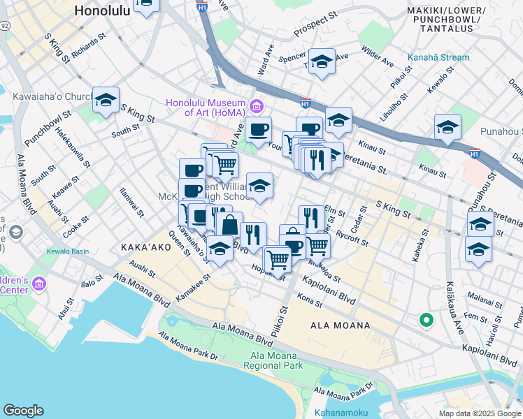 map of restaurants, bars, coffee shops, grocery stores, and more near 1039 South King Street in Honolulu