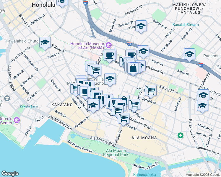 map of restaurants, bars, coffee shops, grocery stores, and more near 1039 South King Street in Honolulu