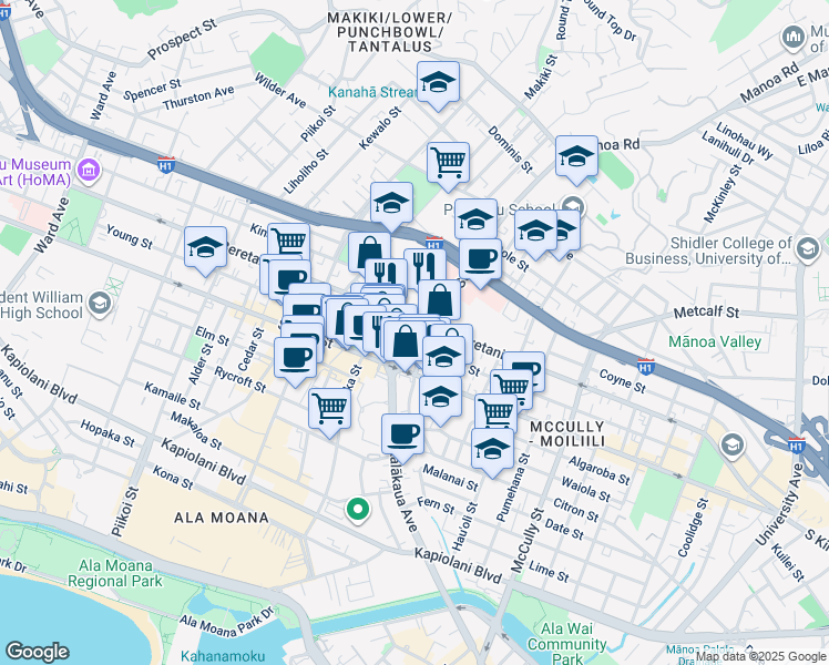 map of restaurants, bars, coffee shops, grocery stores, and more near 1575 South Beretania Street in Honolulu