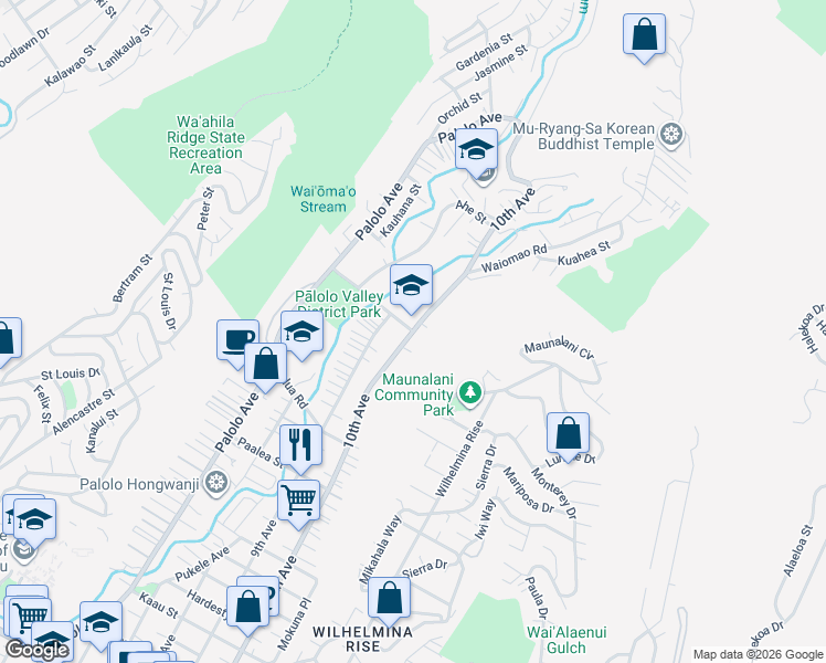 map of restaurants, bars, coffee shops, grocery stores, and more near 10th Ave & Kiwila St in Honolulu