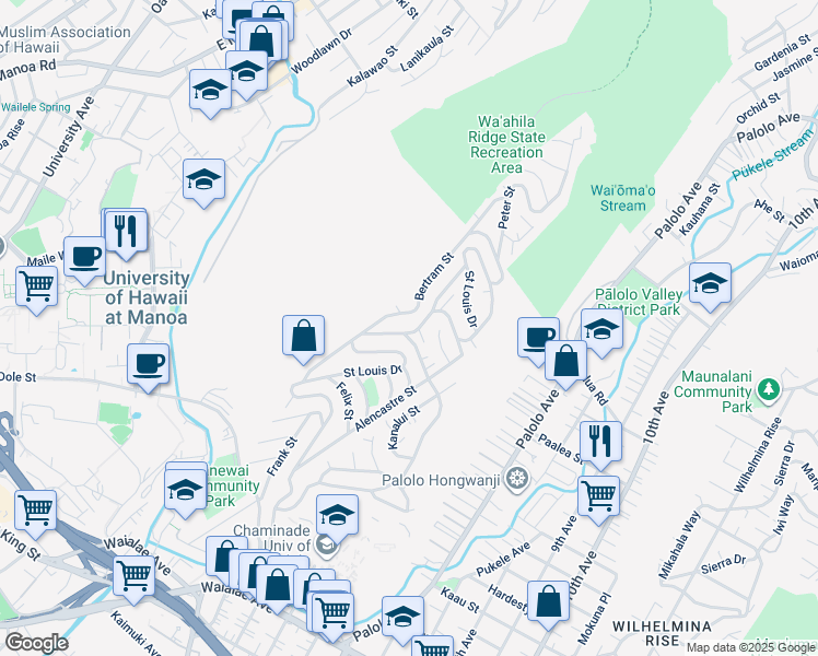 map of restaurants, bars, coffee shops, grocery stores, and more near 1966 Saint Louis Drive in Honolulu