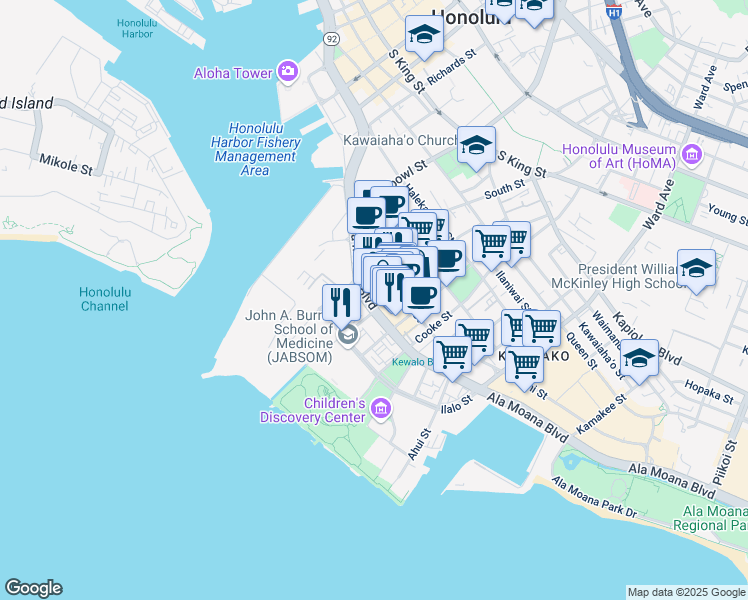 map of restaurants, bars, coffee shops, grocery stores, and more near 653 Ala Moana Boulevard in Honolulu