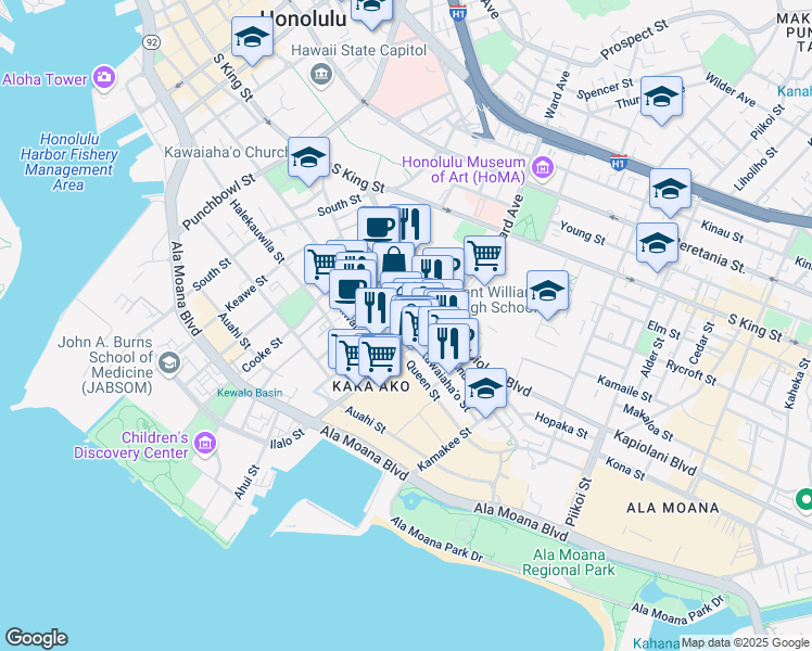 map of restaurants, bars, coffee shops, grocery stores, and more near 902 Kawaiahao Street in Honolulu