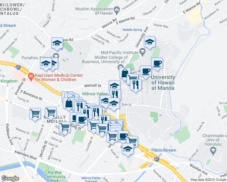 map of restaurants, bars, coffee shops, grocery stores, and more near 1776 University Avenue in Honolulu