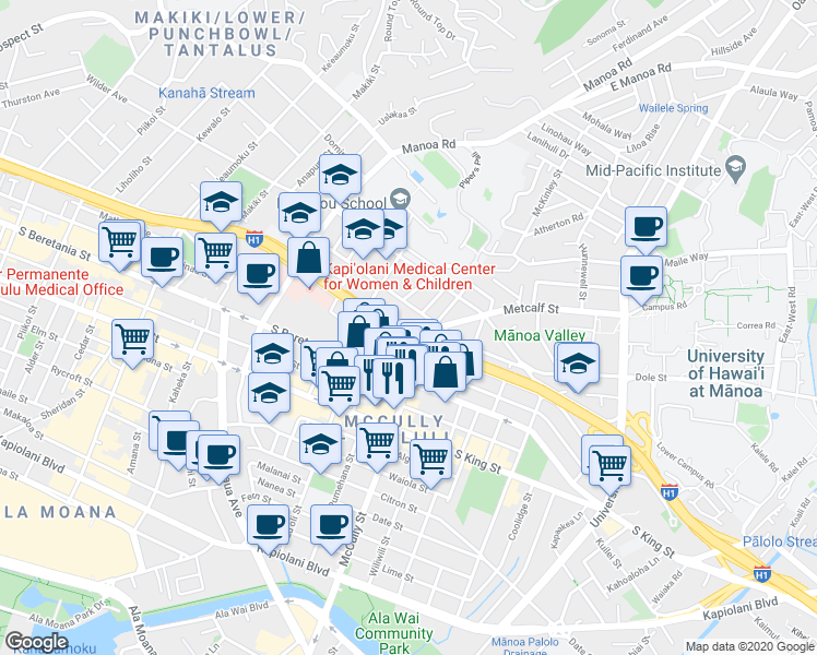 map of restaurants, bars, coffee shops, grocery stores, and more near 1920 Metcalf Street in Honolulu