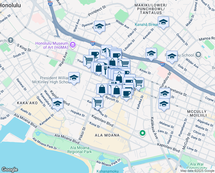 map of restaurants, bars, coffee shops, grocery stores, and more near 1236 Elm Street in Honolulu