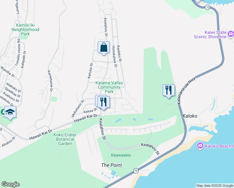 map of restaurants, bars, coffee shops, grocery stores, and more near 1181 Kalama Paka Place in Honolulu