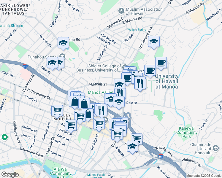map of restaurants, bars, coffee shops, grocery stores, and more near 2301 Metcalf Street in Honolulu