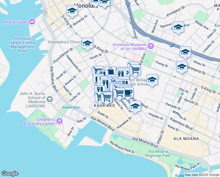 map of restaurants, bars, coffee shops, grocery stores, and more near 902 Kawaiahao Street in Honolulu