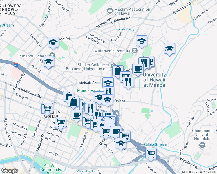 map of restaurants, bars, coffee shops, grocery stores, and more near 2425 Campus Road in Honolulu