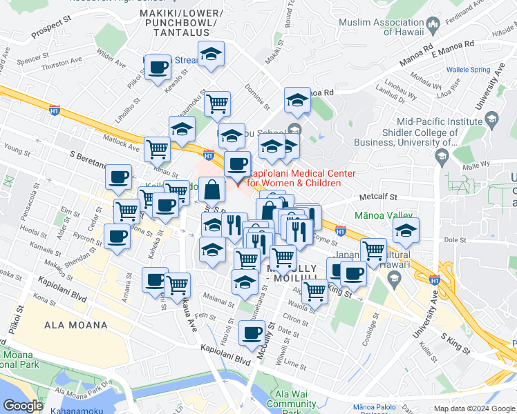 map of restaurants, bars, coffee shops, grocery stores, and more near 1231 Alexander Street in Honolulu