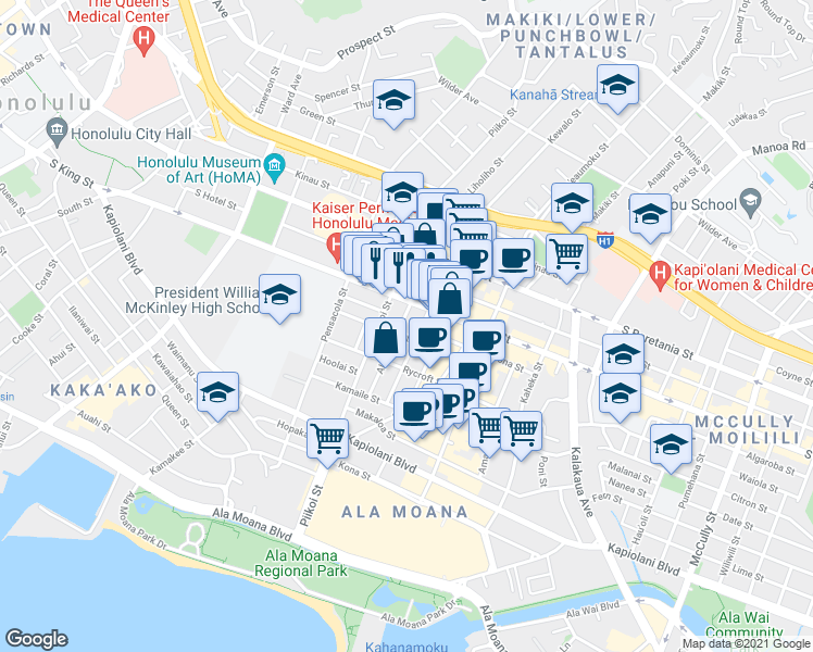 map of restaurants, bars, coffee shops, grocery stores, and more near 1236 Elm Street in Honolulu