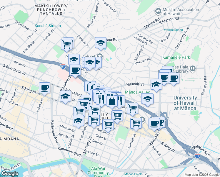 map of restaurants, bars, coffee shops, grocery stores, and more near 1975 Metcalf Street in Honolulu