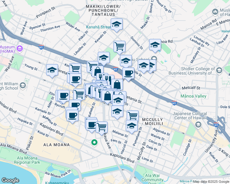 map of restaurants, bars, coffee shops, grocery stores, and more near South Beretania Street & Punahou Street in Honolulu