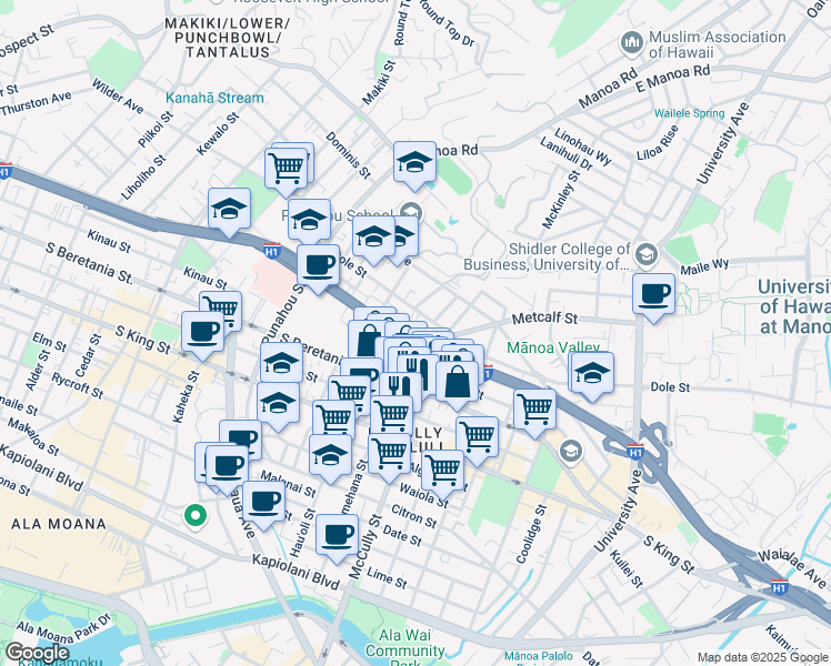 map of restaurants, bars, coffee shops, grocery stores, and more near 1920 Metcalf Street in Honolulu