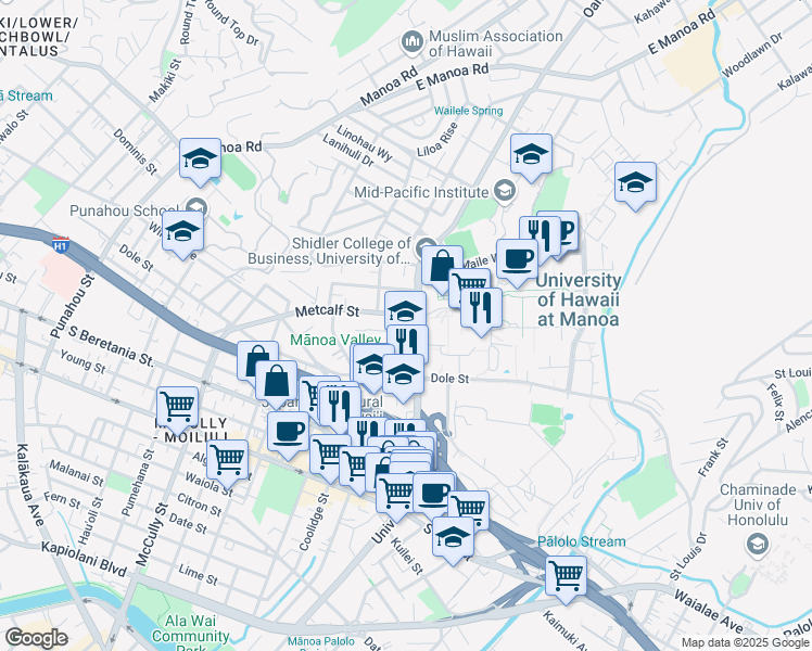 map of restaurants, bars, coffee shops, grocery stores, and more near 1776 University Avenue in Honolulu