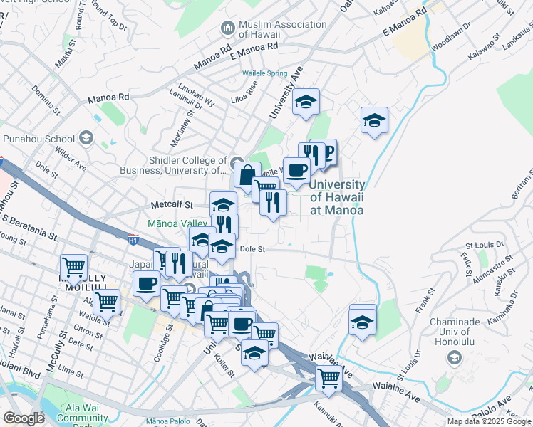 map of restaurants, bars, coffee shops, grocery stores, and more near 2465 Campus Road in Honolulu