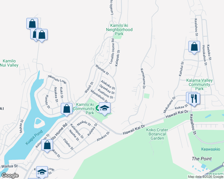 map of restaurants, bars, coffee shops, grocery stores, and more near 7254 Opaekaa Street in Honolulu