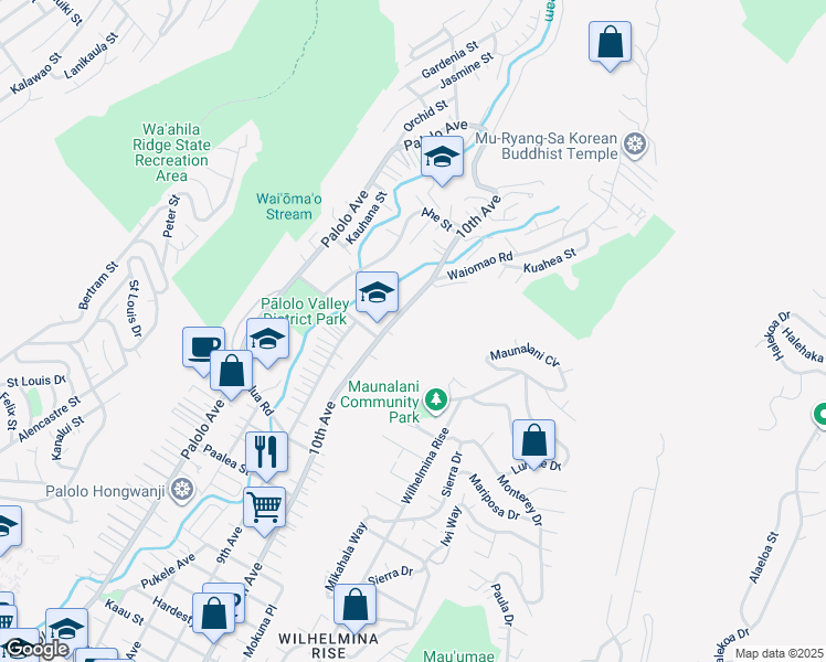 map of restaurants, bars, coffee shops, grocery stores, and more near 2115B 10th Avenue in Honolulu