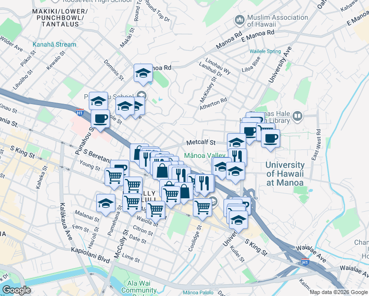map of restaurants, bars, coffee shops, grocery stores, and more near 2111 Momi Way in Honolulu