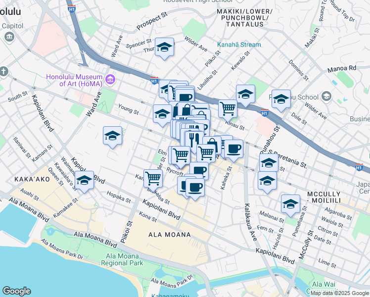 map of restaurants, bars, coffee shops, grocery stores, and more near 925 Cedar Street in Honolulu