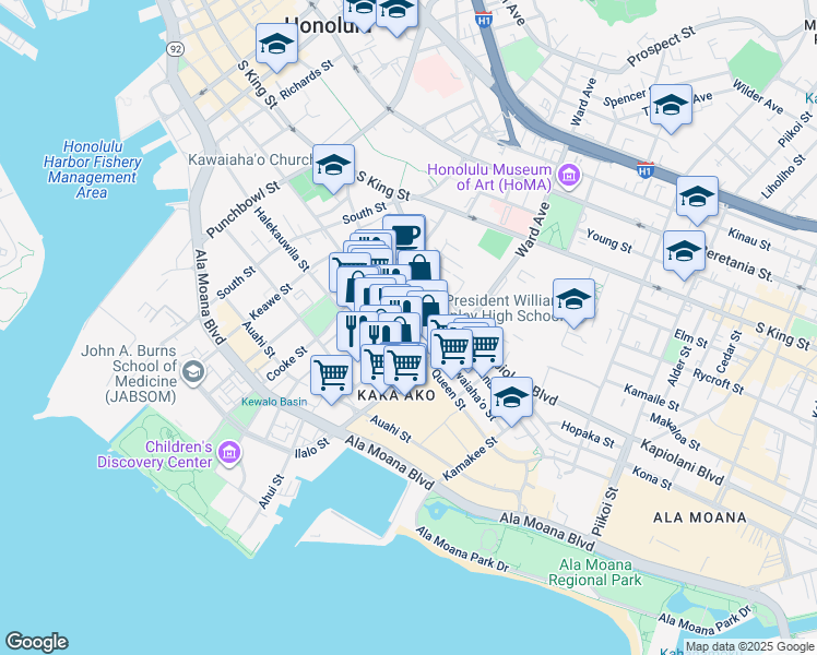 map of restaurants, bars, coffee shops, grocery stores, and more near 871 Queen Street in Honolulu
