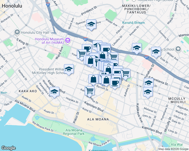 map of restaurants, bars, coffee shops, grocery stores, and more near 901 Piikoi Street in Honolulu